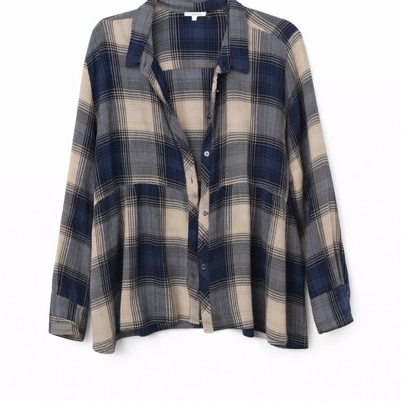 Tribal Tops - Like NEW! Tribal Plaid peplum button blouse - Size XL - Retail $130